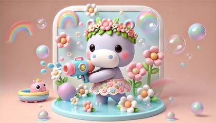 Obraz premium Baby hippo holding a water gun