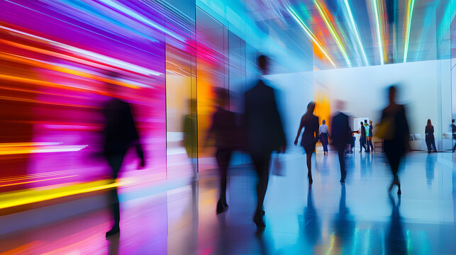 Abstract long exposure motion crowd of business people walking commercial centre corporate office in modern city downtown street. Fast pace busy crowded stress professional finance businessman
