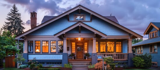 Classic urban craftsman house in soft periwinkle, showcasing intricate woodwork, a charming front porch, and a twilight sky.