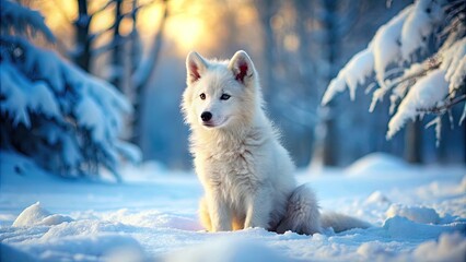 Obraz premium Adorable White Wolf Pup Sitting on a Snowy Ground in a Winter Wonderland Capturing Pure Innocence