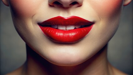 Obraz premium Close-up of a pair of luscious, plump, and vibrant red lips, gently parted, showcasing a subtle smile and delicate facial features in soft focus.