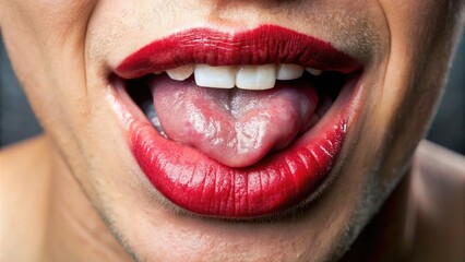 Close-up of a person's mouth with tongue pressed against the inside of the cheek, a subtle and playful facial expression conveying a sense of whimsy.
