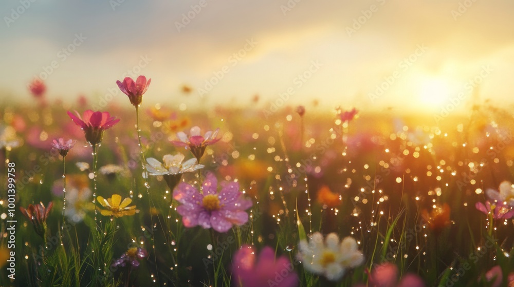 Poster a field of wildflowers with droplets of water on each bloom, creating a serene and refreshing atmosp