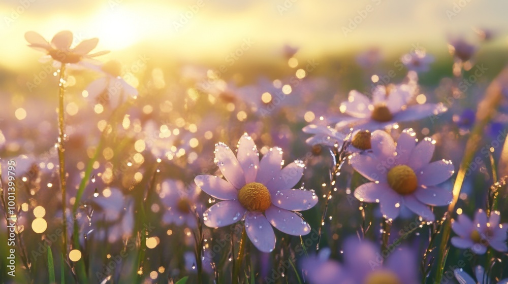 Poster A field of wildflowers with droplets of water on each bloom, creating a serene and refreshing atmosphere as the sun rises