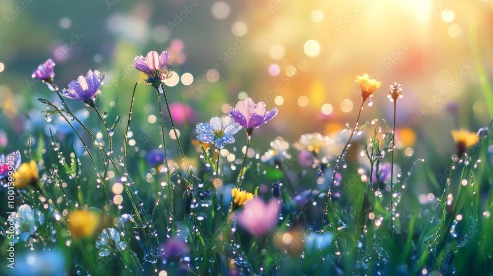 Poster a field of wildflowers with droplets of water on each bloom, creating a serene and refreshing atmosp