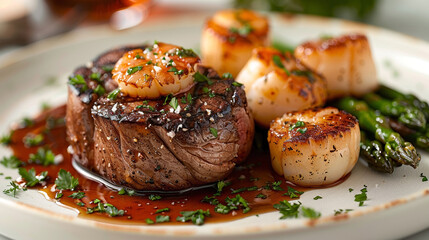 Seafood Tournedos Rossini: Elegant Filet Mignon with Foie Gras, Seared Scallops, and Seafood Reduction, Refined Setting
