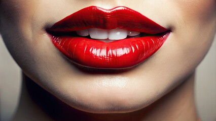 Obraz premium Close-up of vibrant, glossy red lips curved into a subtle smile, showcasing delicate skin texture and defined cupid's bow against a soft, blurred background.