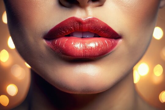 Close-up of tenderly pressed lips, slightly parted, with subtle shine and soft focus, evoking intimacy, romance, and affection in a warm, sensual atmosphere.