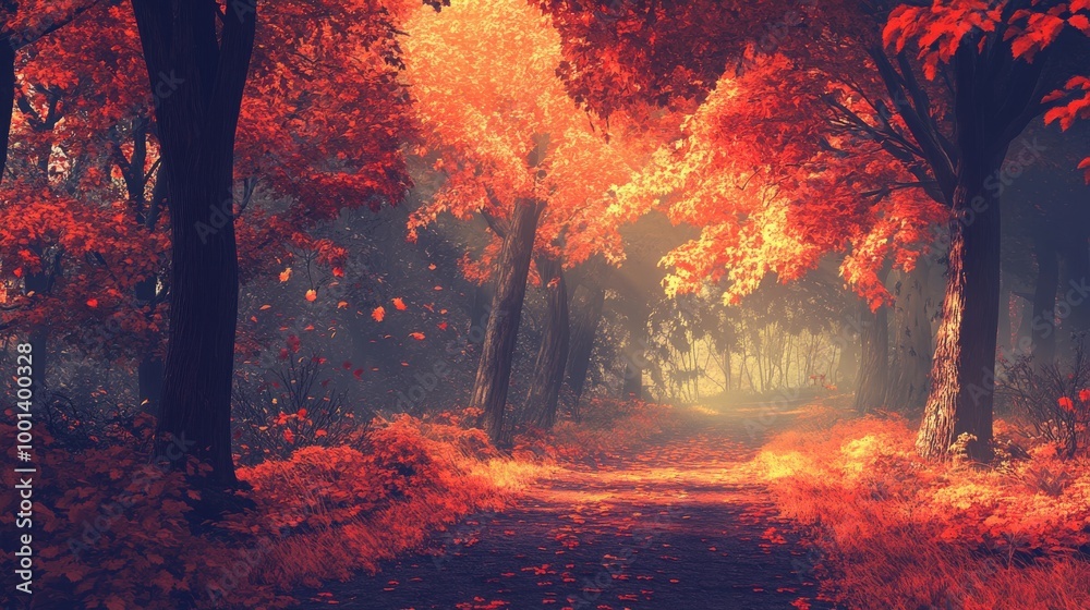 Poster Discover an enchanting autumn path in a peaceful forest, surrounded by fiery fall colors that create a tranquil walking experience