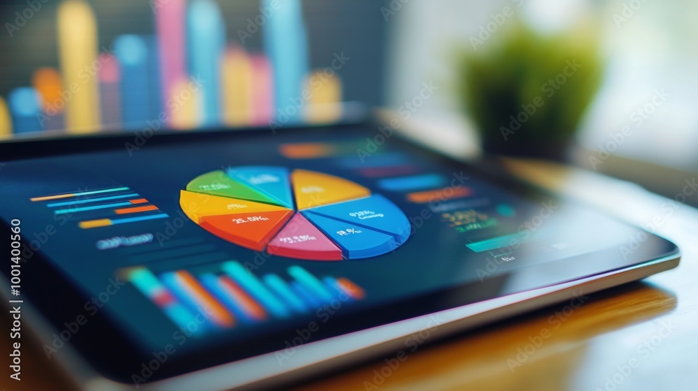 Leinwandbilder A financial pie chart highlighting different revenue streams for a startup, with vivid colors and icons for each segment, displayed on a sleek digital tablet