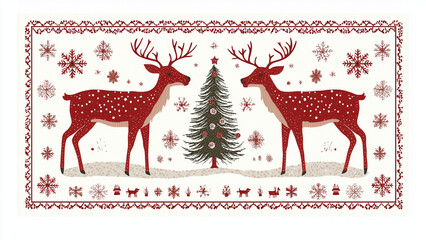 Christmas-themed blanket design with two reindeer - reindeer, Christmas, tree, holiday, festive, snowflakes, winter, decoration, pattern, red, white, deer, stars, snow, ornamental, celebration