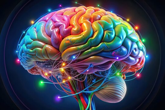 Colorful 3D illustration of the human brain with various regions and functions labeled, highlighting cognitive processes, emotions, and sensory pathways in intricate detail.