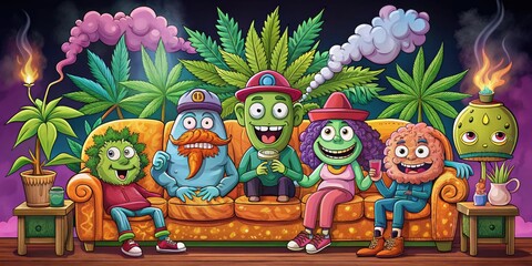 Colorful animated characters from nostalgic television shows sit on a couch, surrounded by smoke and marijuana paraphernalia, in a humorous and whimsical illustration.