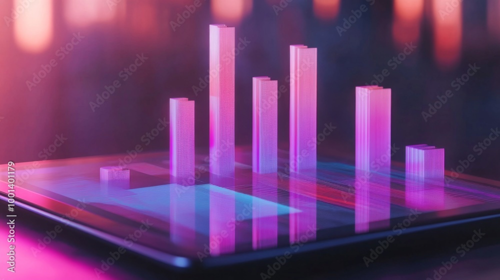 Aufkleber A flat lay of a digital tablet showing a 3D bar graph, with bars popping out of the screen, symbolizing interactive data analysis in a modern business setting