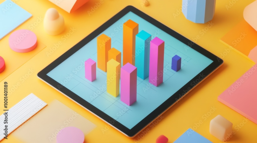 Aufkleber A flat lay of a digital tablet showing a 3D bar graph, with bars popping out of the screen, symbolizing interactive data analysis in a modern business setting