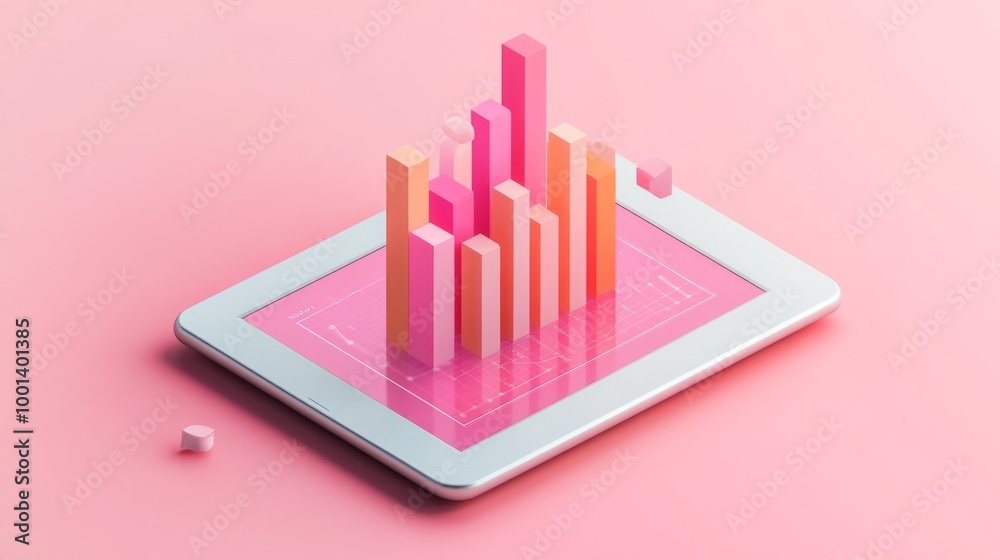 Aufkleber A flat lay of a digital tablet showing a 3D bar graph, with bars popping out of the screen, symbolizing interactive data analysis in a modern business setting