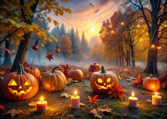Colorful autumn landscape with carved jack-o'-lanterns, glowing lanterns, and spider webs, surrounded by fallen leaves and twilight atmosphere, evoking a magical Halloween evening.