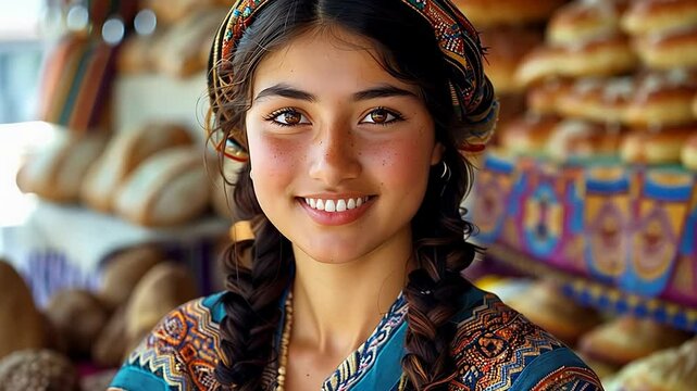 A young Turkmen girl enthusiastically sells freshly baked bread at a bakery stall, showcasing her friendly smile amid the colorful market environment.