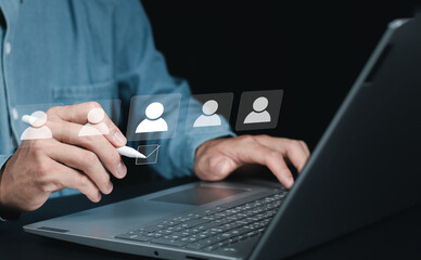 HR manager use laptop with HR Human Resources management concept. icons for recruitment process to...