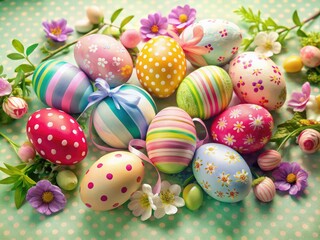 Colorful decorated Easter eggs with floral patterns, stripes, and polka dots, surrounded by spring flowers, leaves, and ribbons, on a soft pastel background.