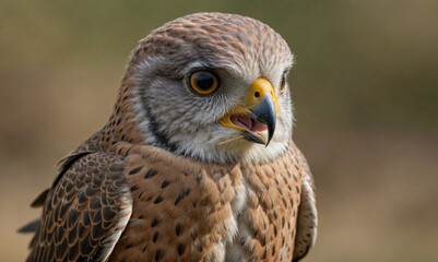 Obraz premium A kestrel perched on a branch, its bright yellow beak and intense eyes focused on its surroundings