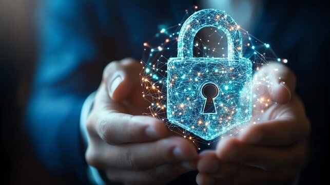 Hands holding a digital padlock hologram, representing cyber security, data protection, and technology. Bright, glowing visual effects emphasize security.