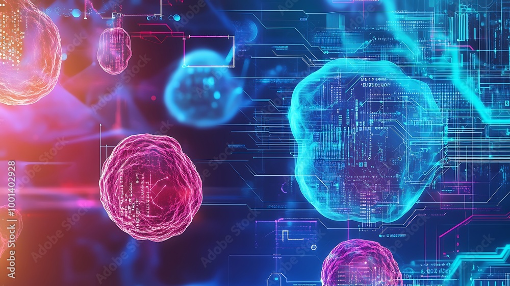 Poster Abstract digital spheres with circuit board patterns.