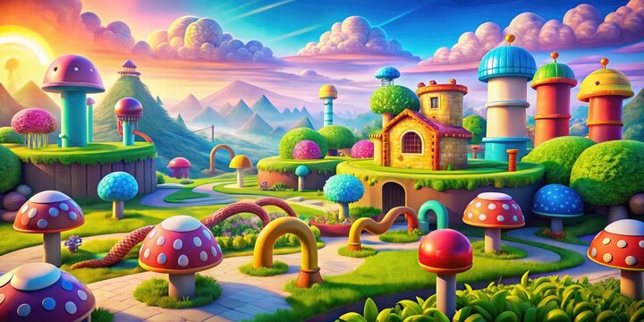 Colorful fantasy landscape with pipes, mushrooms, question mark blocks, and rolling hills, evoking a sense of adventure and whimsy in a nostalgic video game-inspired setting.