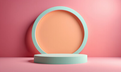 Fototapeta premium A pastel pink and green circular podium sits against a pink wall