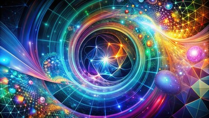 Obraz premium Colorful geometric shapes, formulas, and icons swirling together in a creative vortex, blending art and mathematics in a visually striking and modern digital illustration.
