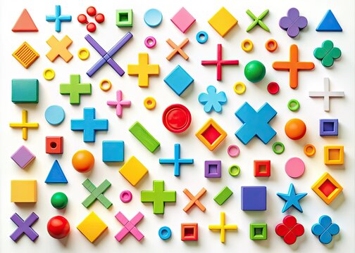 Colorful geometric shapes and vibrant mathematical symbols, including plus signs, minus signs, and equal signs, create a playful and educational illustration on a white background.