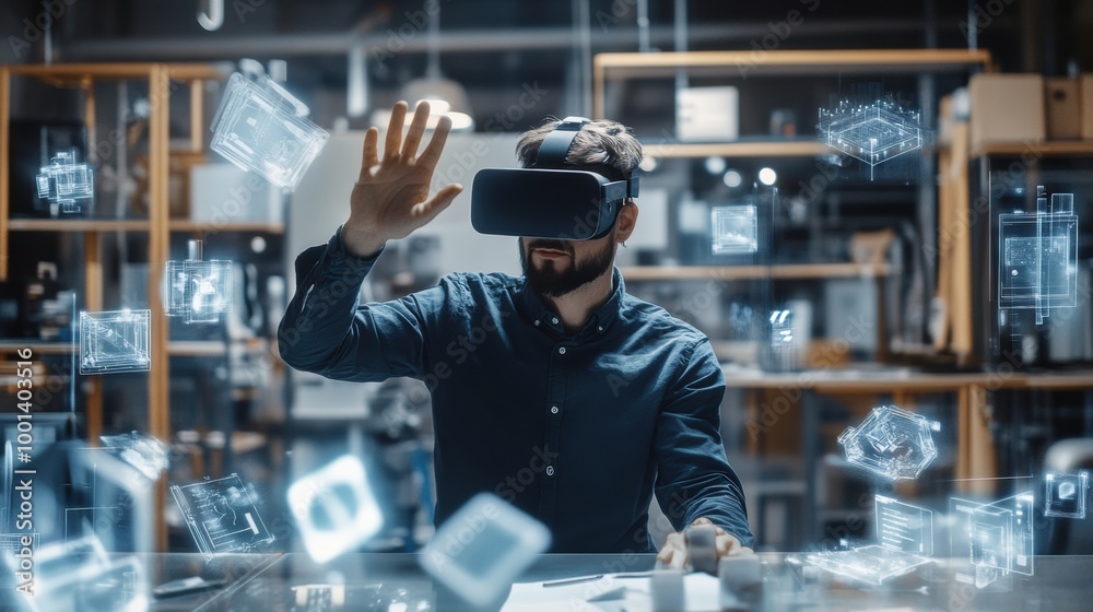 Poster Virtual reality designer creating immersive experiences in a modern studio with floating 3D objects while wearing a VR headset. Generative AI