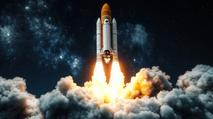 Dynamic 3D illustration of a space rocket taking off, highlighting the explosive engine thrust and detailed smoke plumes