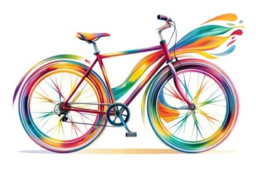 Fototapeta premium Colorful illustration of a bicycle with bold lines and vibrant hues, set against a white background, showcasing dynamic movement and fluid motion.