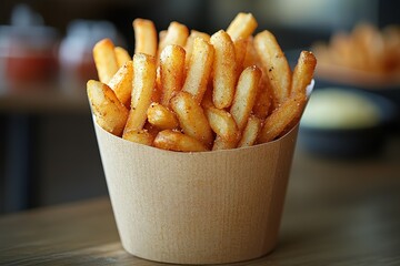 A bowl of french fries is sitting on a table