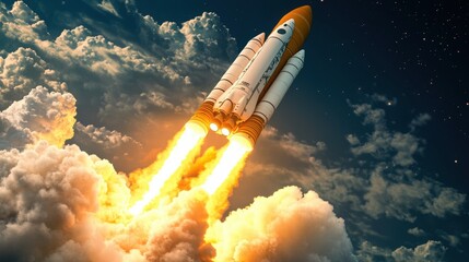 Dynamic 3D illustration of a space rocket taking off, highlighting the explosive engine thrust and detailed smoke plumes
