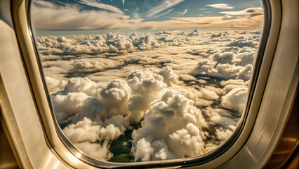 Fototapeta premium A breathtaking view through an airplane window showcases expansive fluffy clouds beneath a vibrant sunset sky, highlighting the beauty of air travel above stunning landscapes