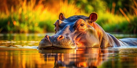 Fototapeta premium A Hippopotamus Relaxing in Water Under the Sun - Wildlife in Natural Habitat Photography