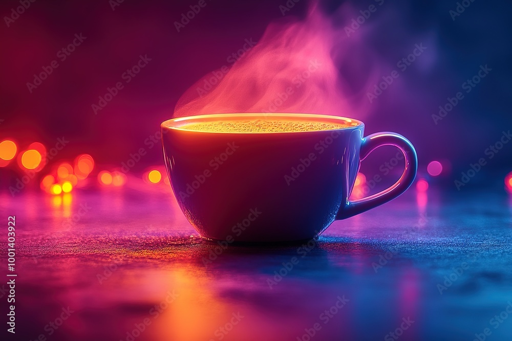 Wall mural a cup of coffee is sitting on a table with a purple background