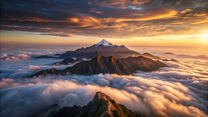 A stunning mountain peak stands tall above a sea of clouds, illuminated by warm sunset hues that transform the sky into a canvas of colors