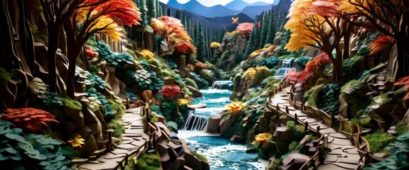 Fototapeta premium A colorful, imaginative forest scene showcases vibrant autumn leaves and cascading waterfalls. Winding stone paths lead through the detailed landscape, creating a sense of adventure and serenity.. AI