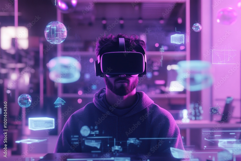 Poster a virtual reality designer working in a modern studio with floating 3d objects and a headset on. gen