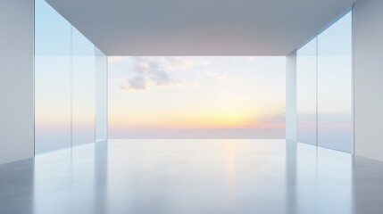 A large, empty room with a view of the ocean and a beautiful sunset