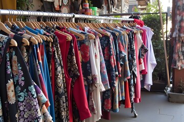 Flea Market, A Colorful Array of Vintage Clothes Hanging on Racks for Sale