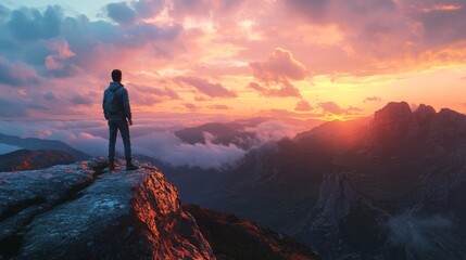 A man stands on a mountain top, looking out at the sunset