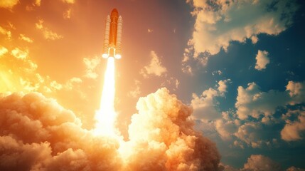 Dynamic 3D visualization of a space rocket launch, with powerful thrusters and an explosive blast-off against a vibrant sky