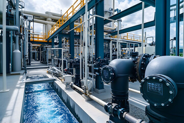 High tech water treatment facility featuring advanced machinery and piping systems. facility showcases modern design with efficient water flow and processing capabilities, emphasizing innovation in