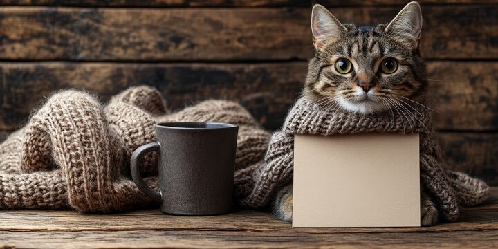 Cozy Cat in a Knit Scarf with a Cup of Warmth and a Blank Message Card