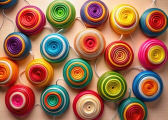 Naklejka premium Colorful intertwined yo-yos in various bright hues and sizes form a mesmerizing spiral pattern, creating a sense of movement and playful energy in a neutral background.