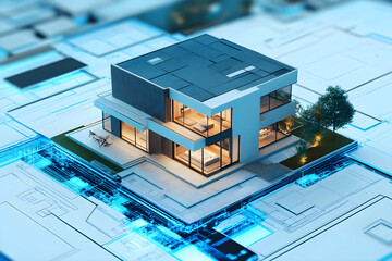 modern house design showcasing advanced architecture and technology, surrounded by digital blueprints and smart home features, reflecting innovation and comfort